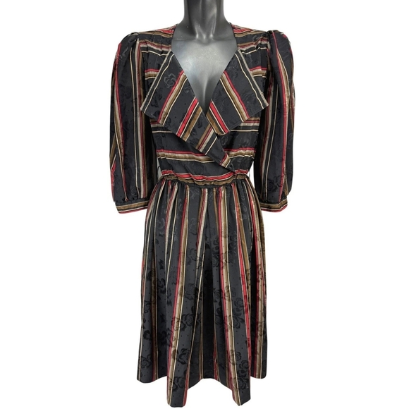 Donna Morgan Dresses & Skirts - Vintage Black Red Gold Striped Floral Embossed Midi Medium Dress Union Made